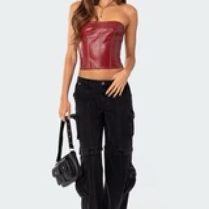 Edikted NWT Moss Faux Leather Lace Up Corset Women Size M in Burgundy